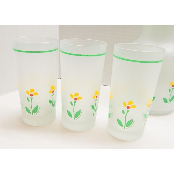 Libbey of Canada Frosted Beverage Carafe 6 Glasses Yellow Flower Telaflora 1985 - Picture 4 of 12